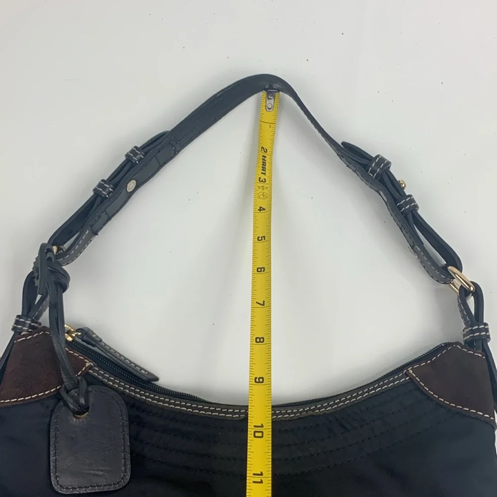 Dooney & Bourke Black leather Nylon Shoulder Bag Gold charm Pink lined Serial #